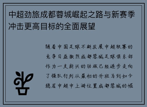 中超劲旅成都蓉城崛起之路与新赛季冲击更高目标的全面展望