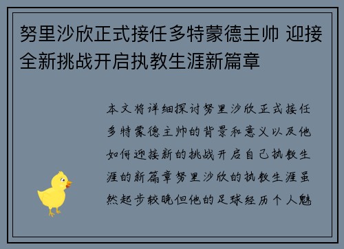 努里沙欣正式接任多特蒙德主帅 迎接全新挑战开启执教生涯新篇章