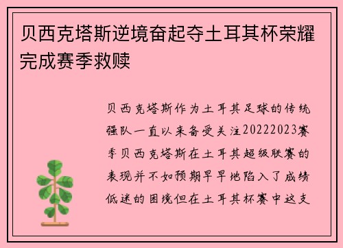 贝西克塔斯逆境奋起夺土耳其杯荣耀完成赛季救赎